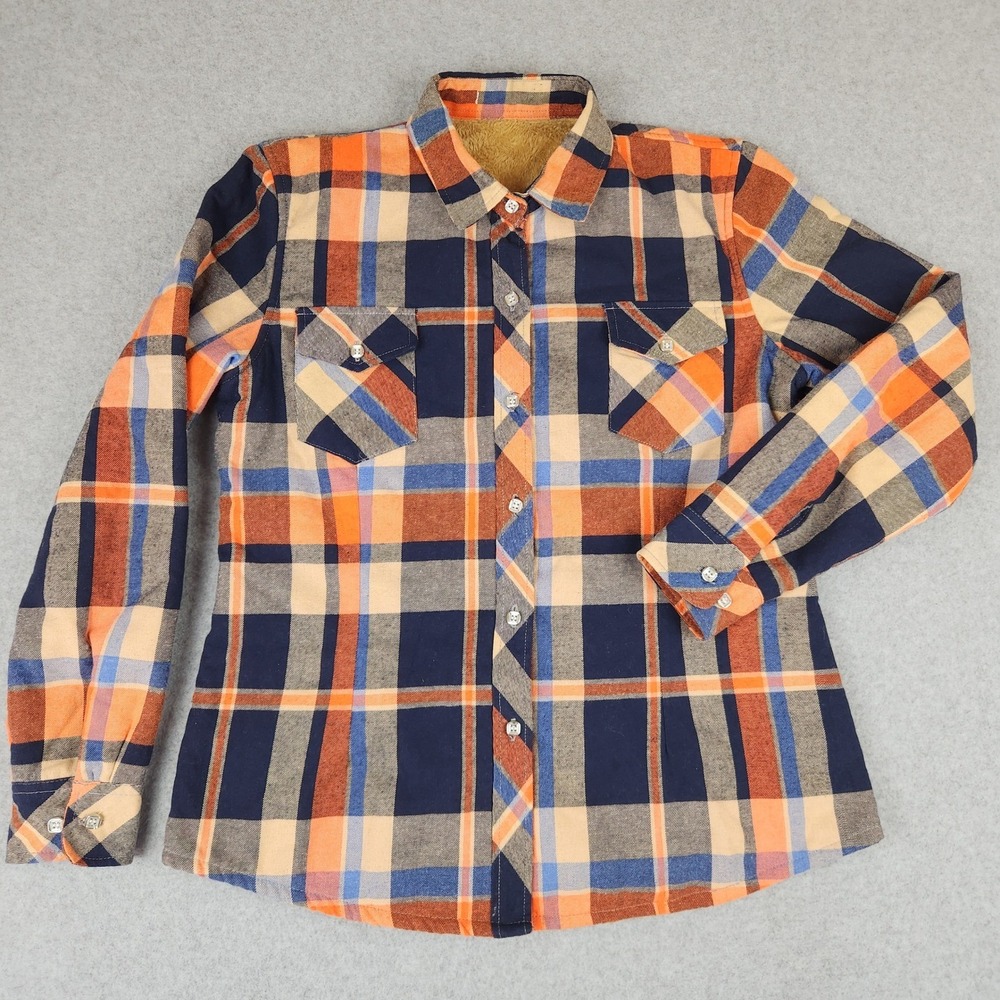 Jiang Yi Xuan‎ Plaid Fleece Lined Flannel Shirt Jacket Orange Navy Blue Womens